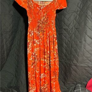 Orange Smocked Maxi Sundress with Flutter Sleeves